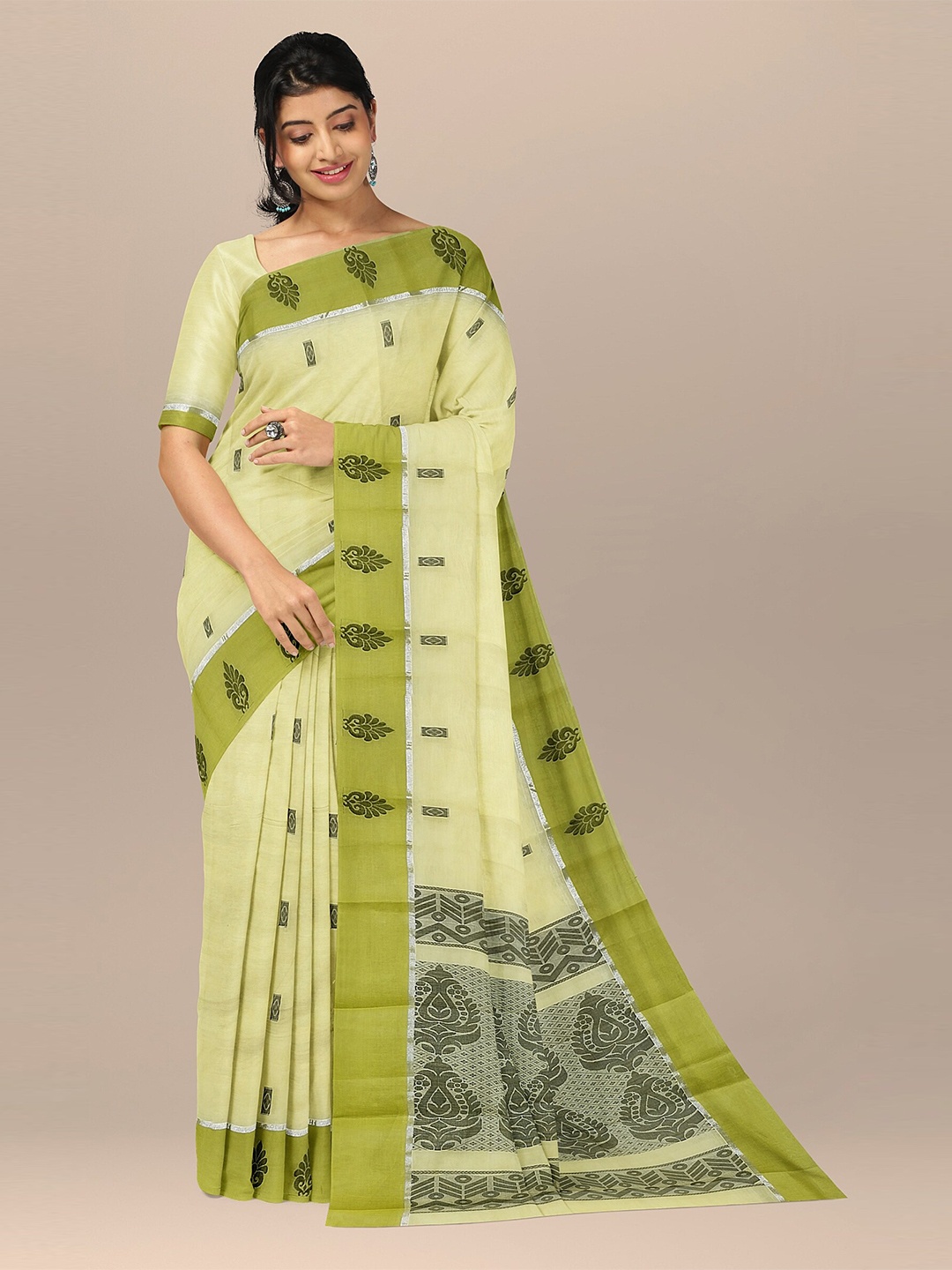 

The Chennai Silks Yellow & Green Ethnic Motifs Pure Cotton Fusion Kovai Saree