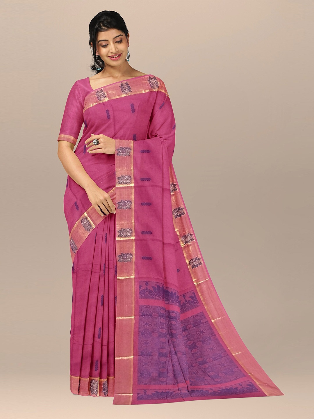 

The Chennai Silks Maroon & Purple Ethnic Motifs Zari Pure Cotton Fusion Kovai Saree