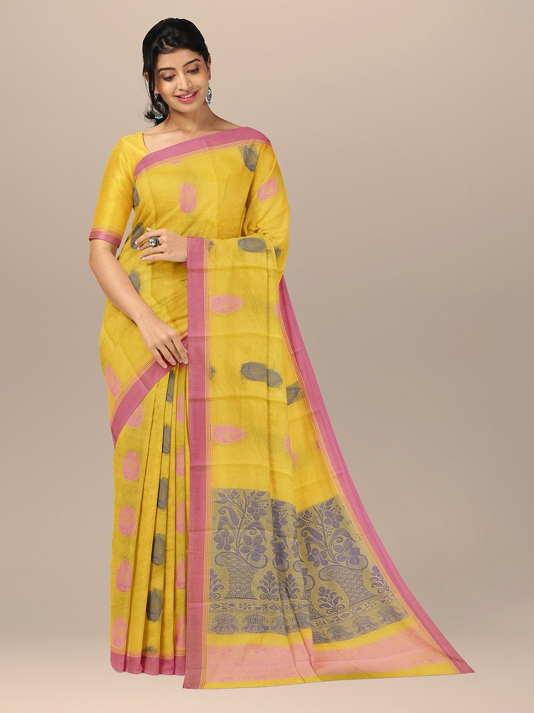 

The Chennai Silks Yellow & Pink Ethnic Motifs Pure Cotton Fusion Kovai Saree
