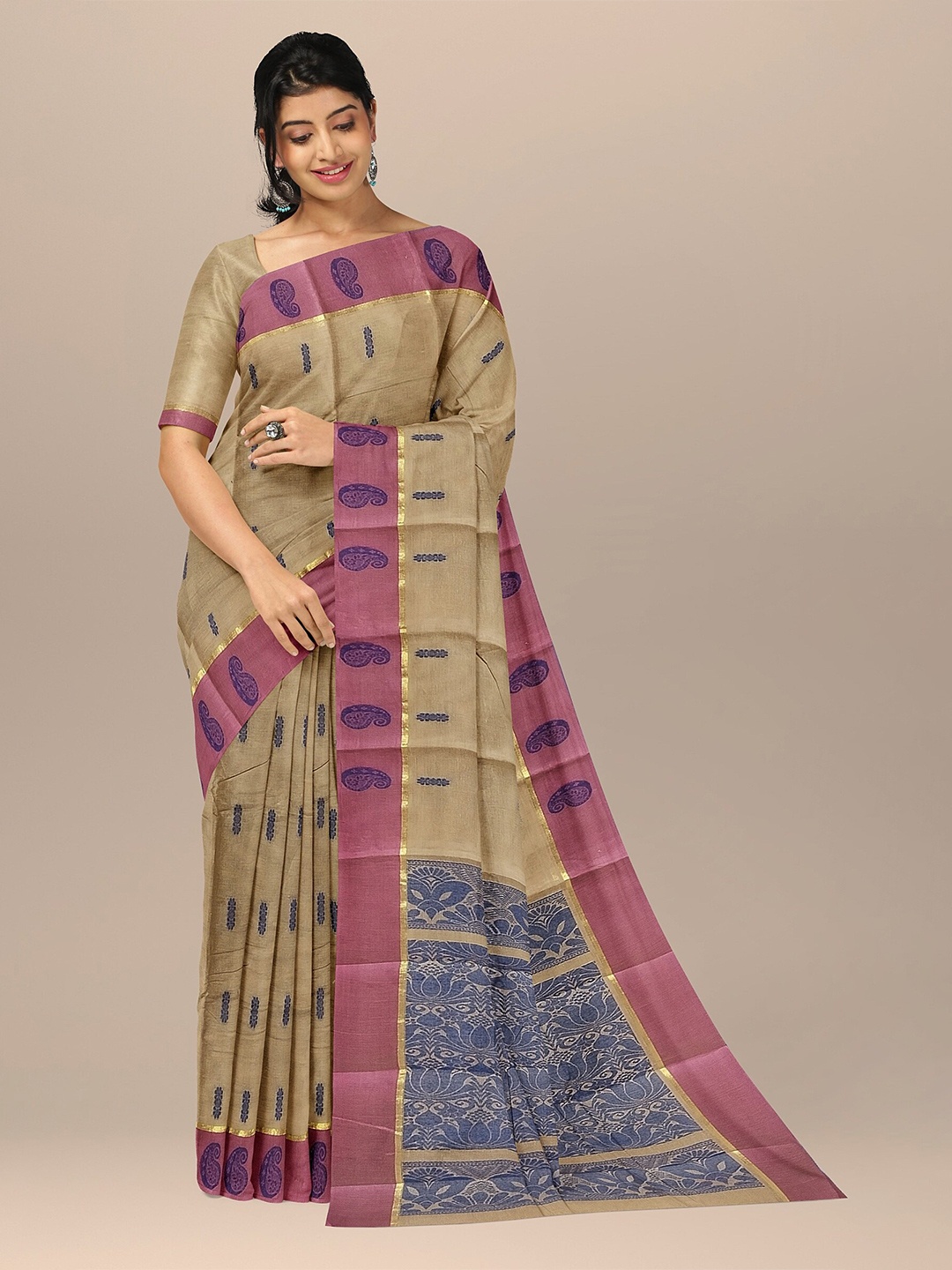 

The Chennai Silks Brown & Grey Ethnic Motifs Pure Cotton Kovai Saree
