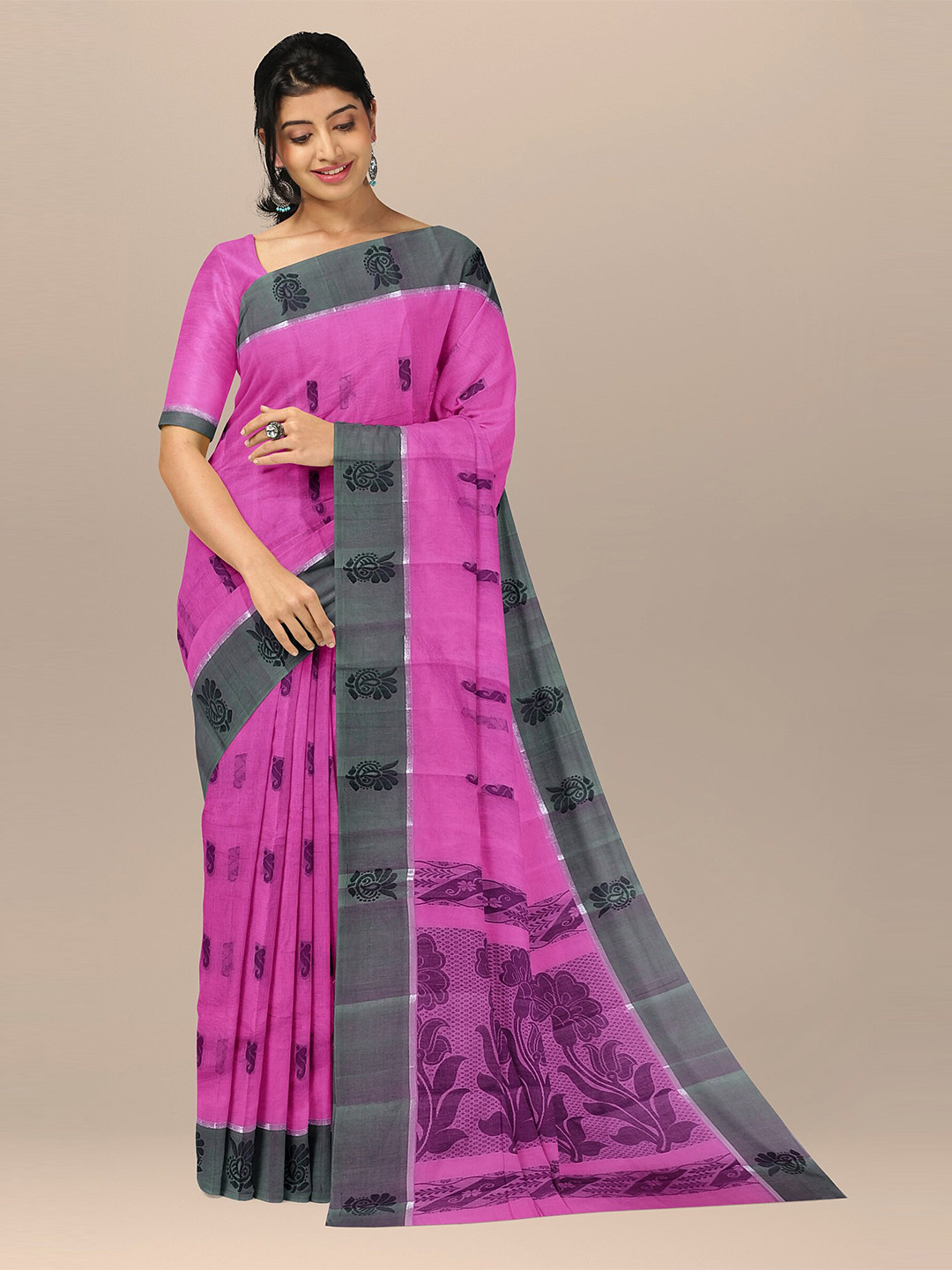 

The Chennai Silks Pink & Grey Ethnic Motifs Pure Cotton Fusion Kovai Saree