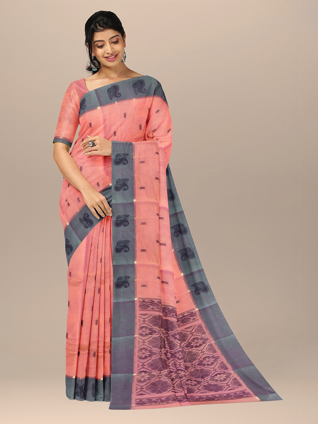 

The Chennai Silks Orange & Grey Ethnic Motifs Pure Cotton Fusion Kovai Saree