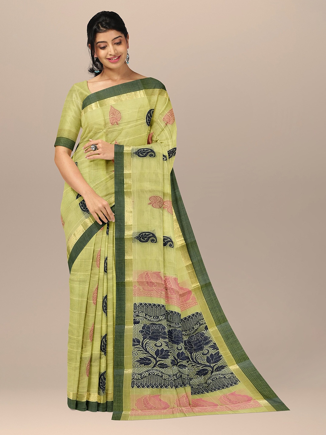 

The Chennai Silks Green & Red Ethnic Motifs Pure Cotton Fusion Kovai Saree