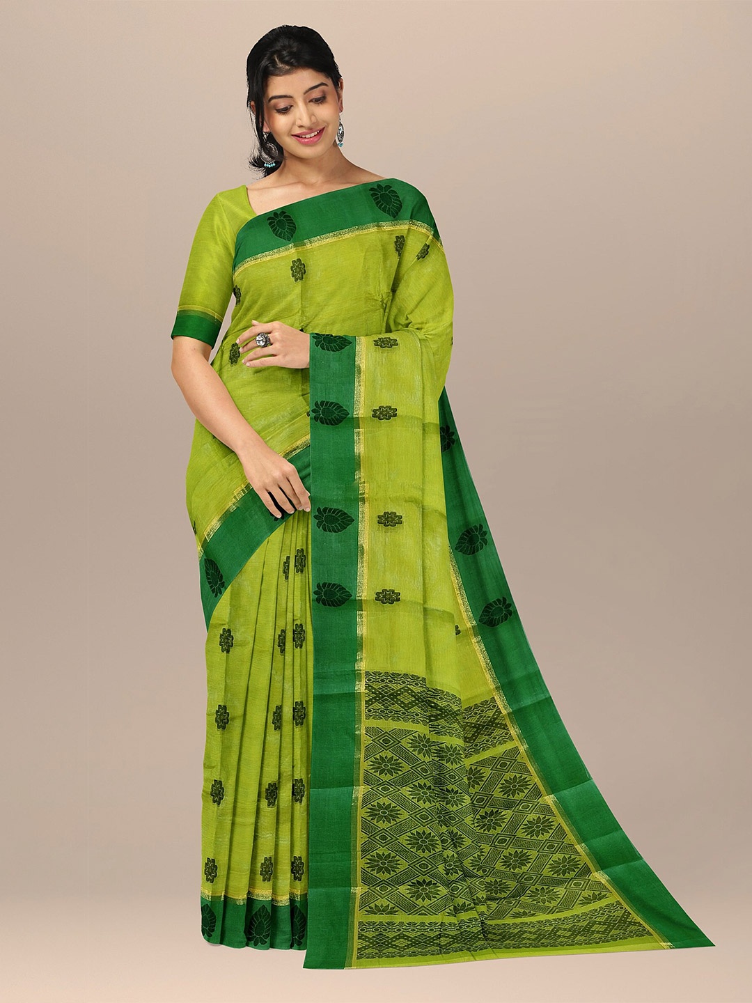 

The Chennai Silks Green & Black Ethnic Motifs Pure Cotton Fusion Kovai Saree