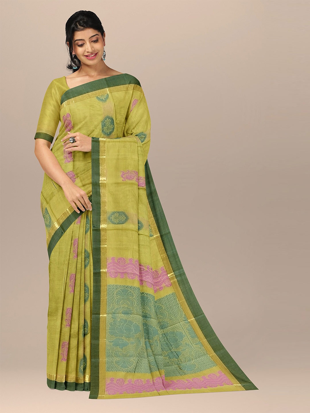 

The Chennai Silks Olive Green & Pink Ethnic Motifs Pure Cotton Fusion Kovai Saree