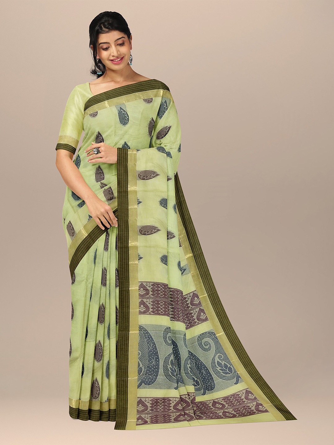 

The Chennai Silks Yellow & Purple Ethnic Motifs Pure Cotton Fusion Kovai Saree