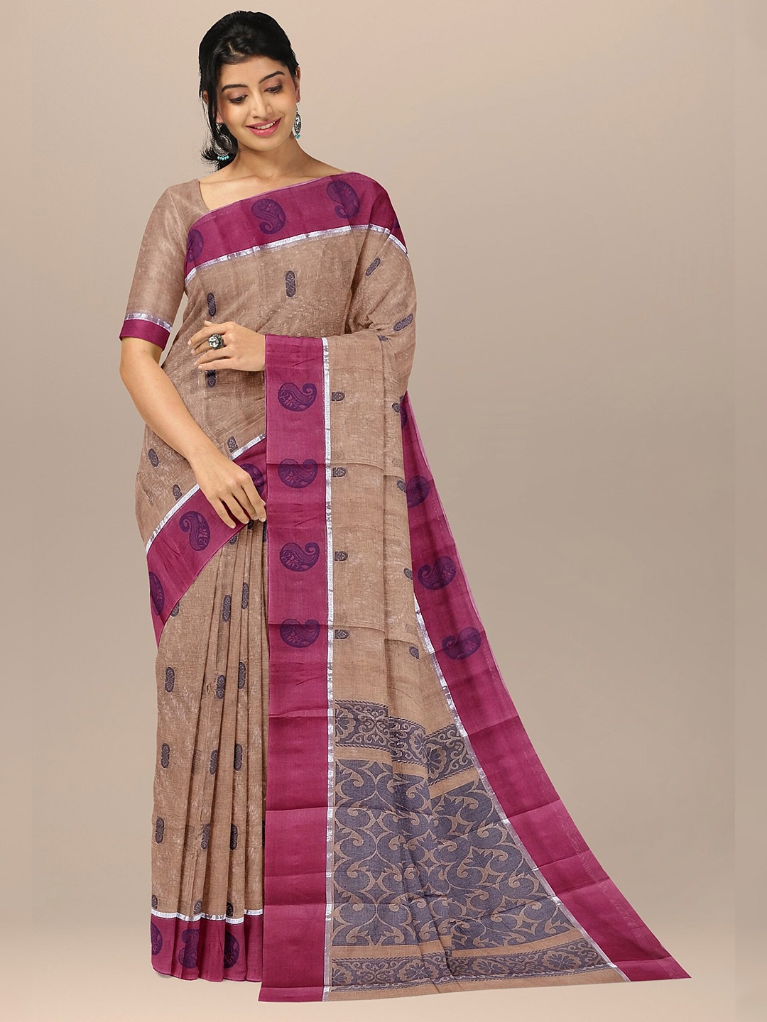 

The Chennai Silks Women Burgundy & Brown Ethnic Motifs Pure Cotton Fusion Kovai Saree