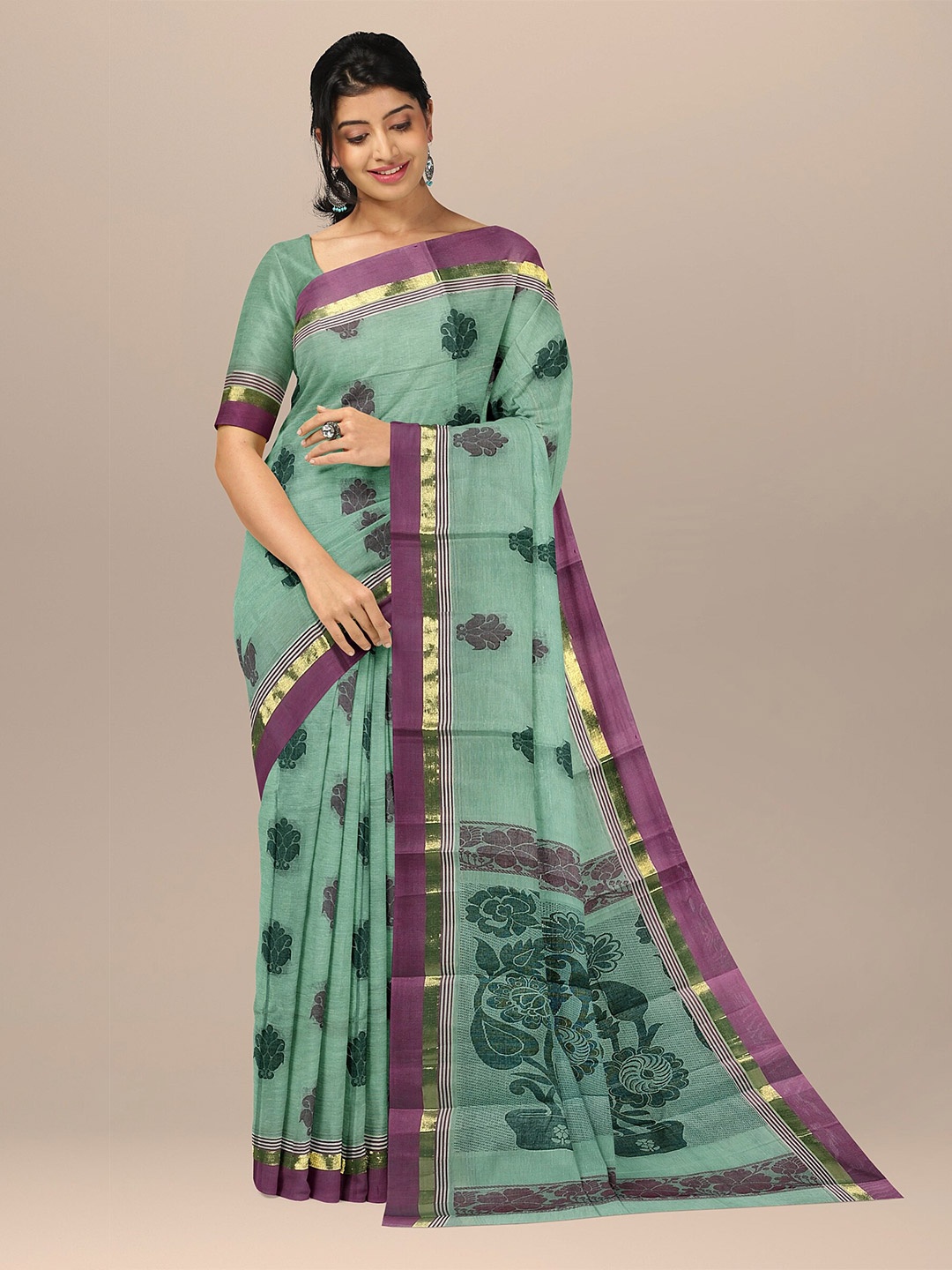 

The Chennai Silks Green & Magenta Ethnic Motifs Pure Cotton Fusion Kovai Saree