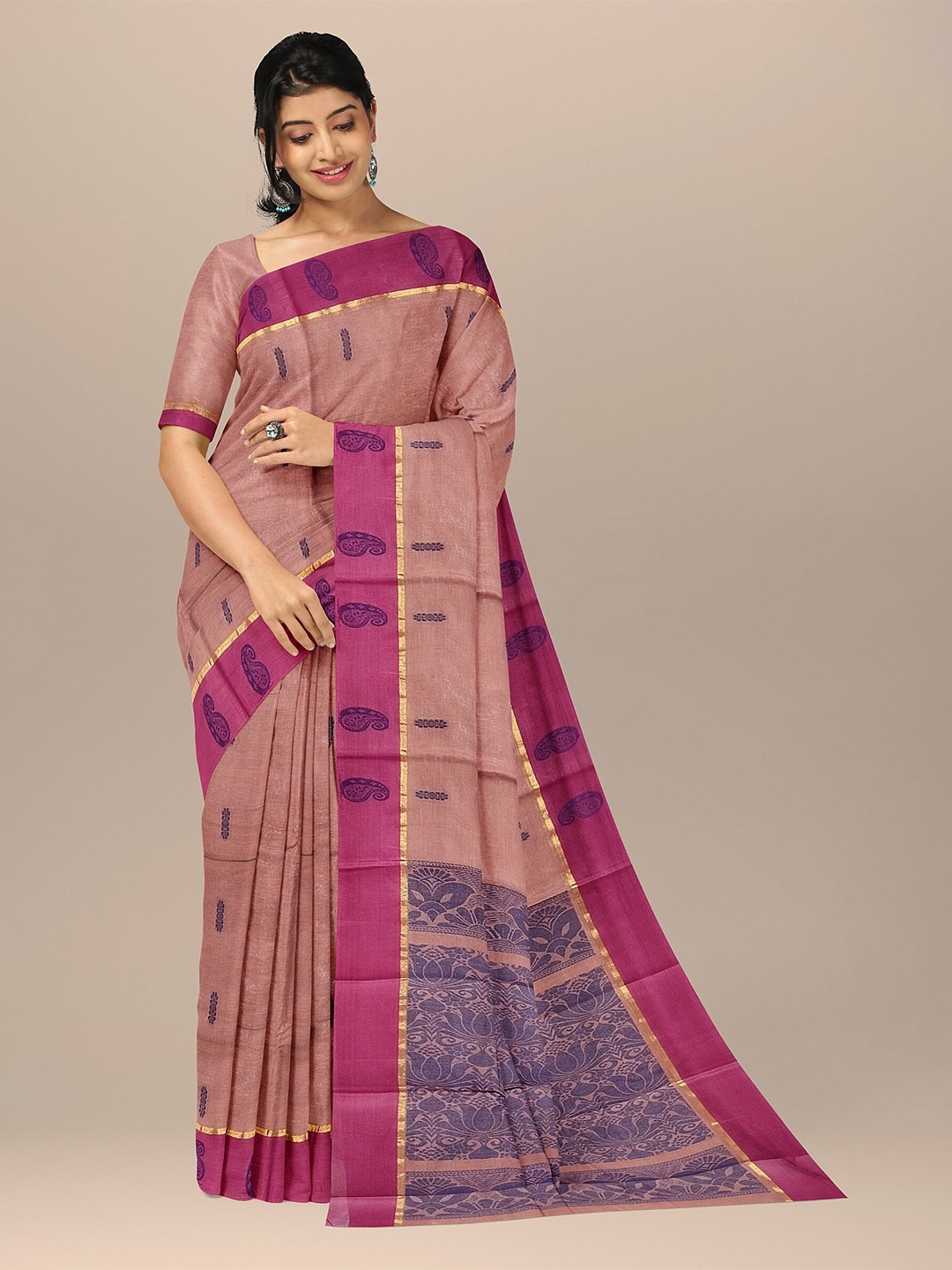 

The Chennai Silks Brown & Pink Ethnic Motifs Zari Pure Cotton Kovai Saree