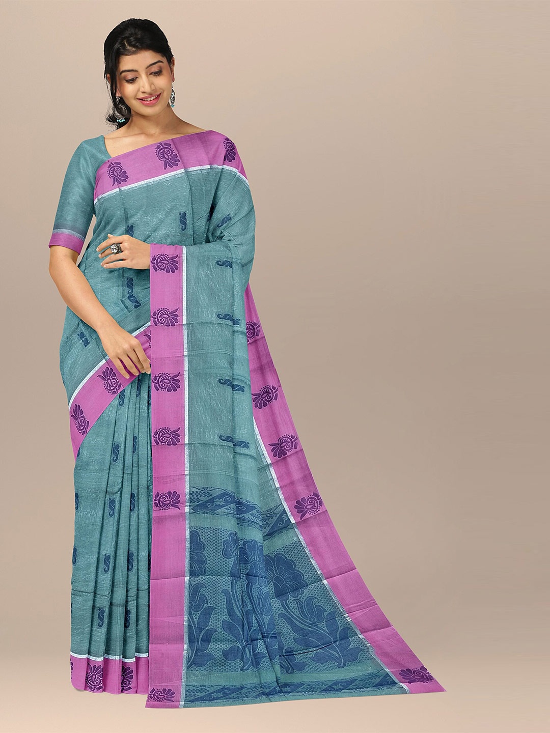 

The Chennai Silks Green & Pink Ethnic Motifs Pure Cotton Kovai Saree