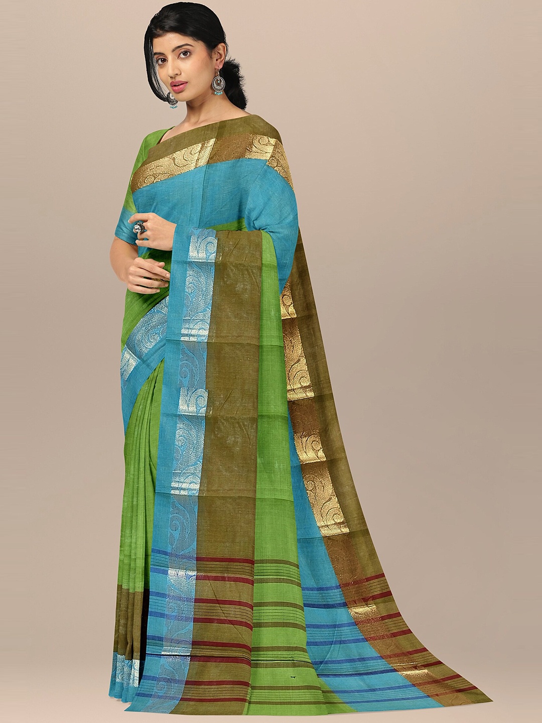 

The Chennai Silks Green & Blue Woven Design Pure Cotton Fusion Chettinad Saree