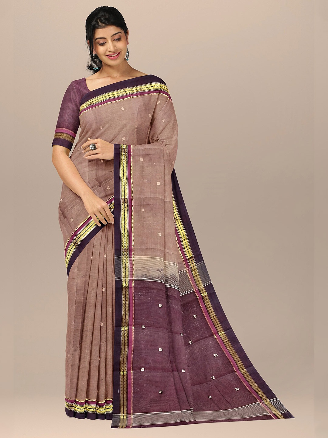 

The Chennai Silks Brown & Purple Ethnic Motifs Zari Pure Cotton Fusion Kovai Saree