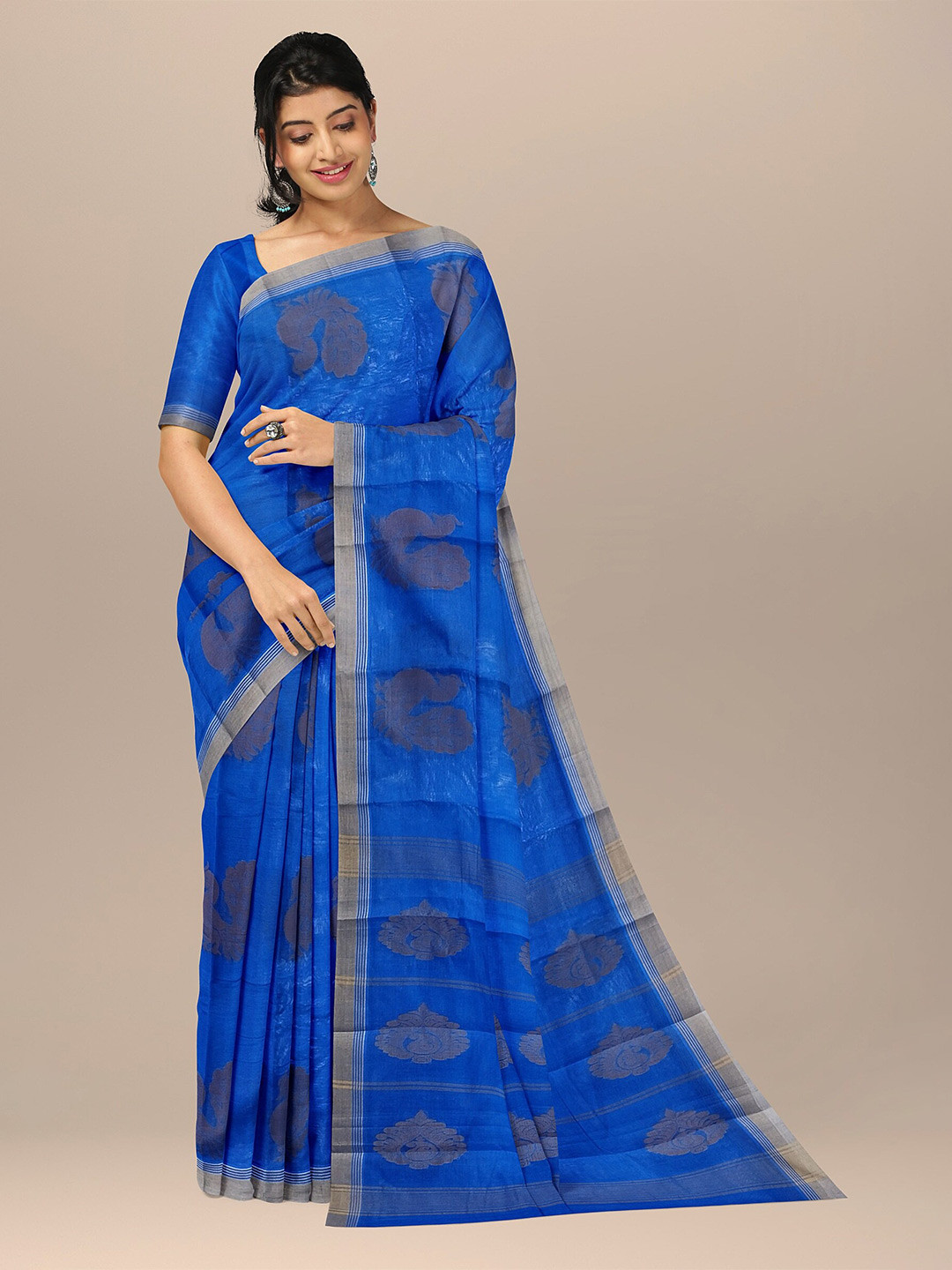 

The Chennai Silks Blue & Silver-Toned Ethnic Motifs Pure Cotton Fusion Kovai Saree