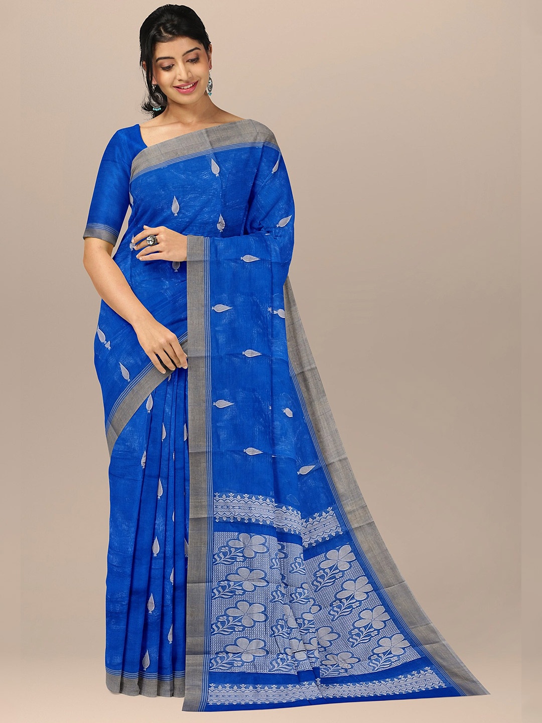 

The Chennai Silks Blue & Silver-Toned Ethnic Motifs Pure Cotton Kovai Saree