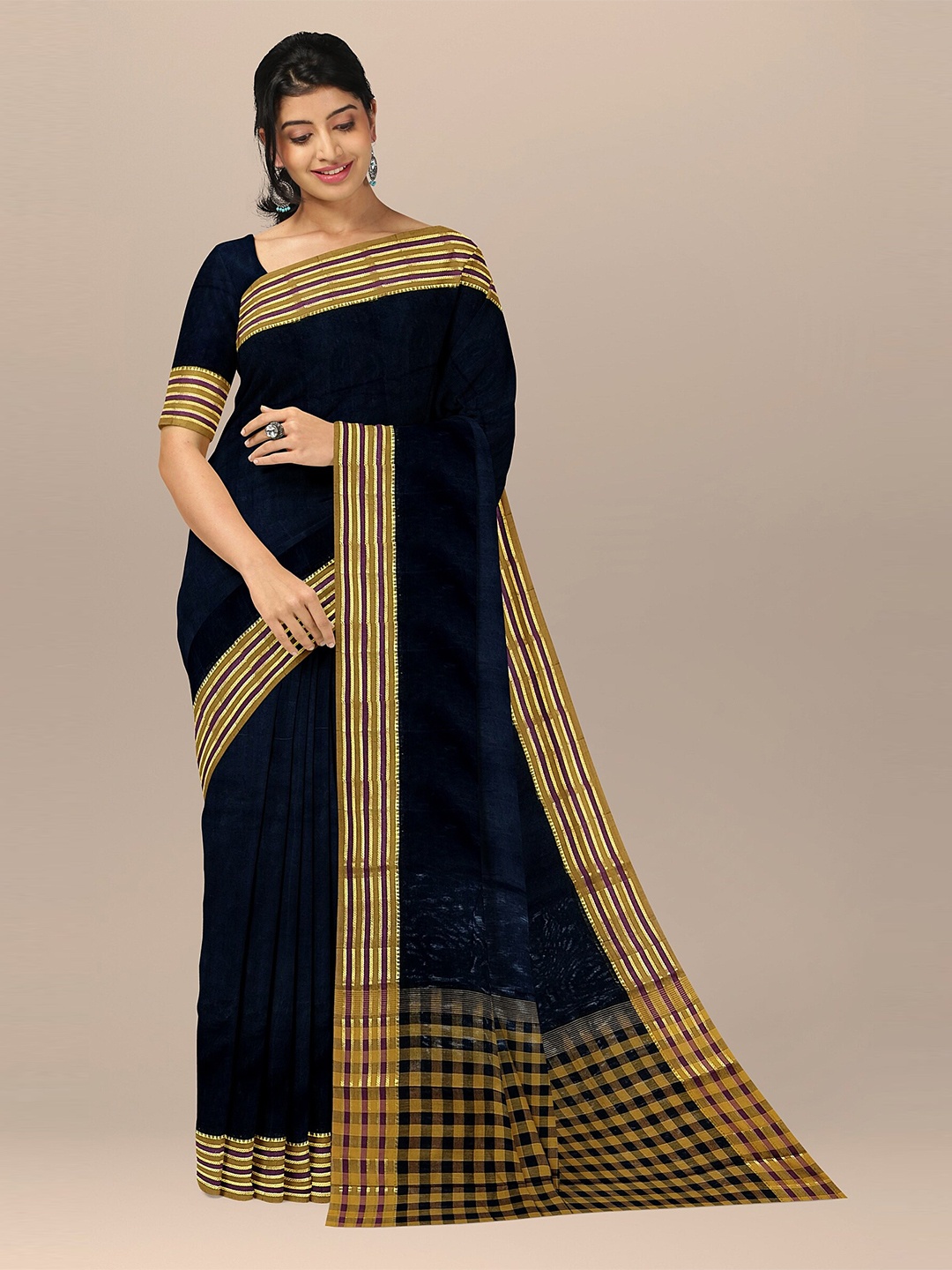 

The Chennai Silks Black & Brown Woven Design Zari Pure Cotton Fusion Chettinad Saree