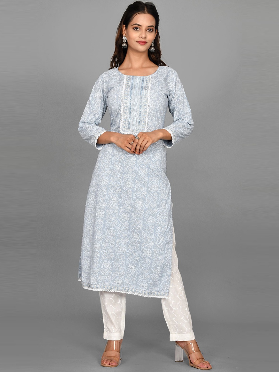 

Kesarya Women Blue Ethnic Motifs Printed Pure Cotton Kurta with Trousers & With Dupatta