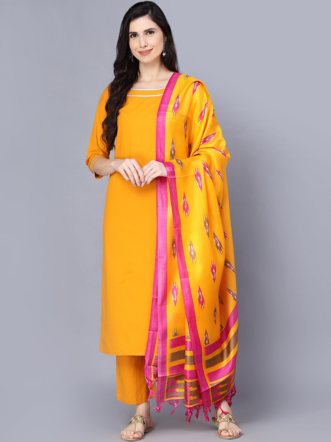 

Myshka Women Mustard Yellow Pure Cotton Kurta with Trousers & Dupatta