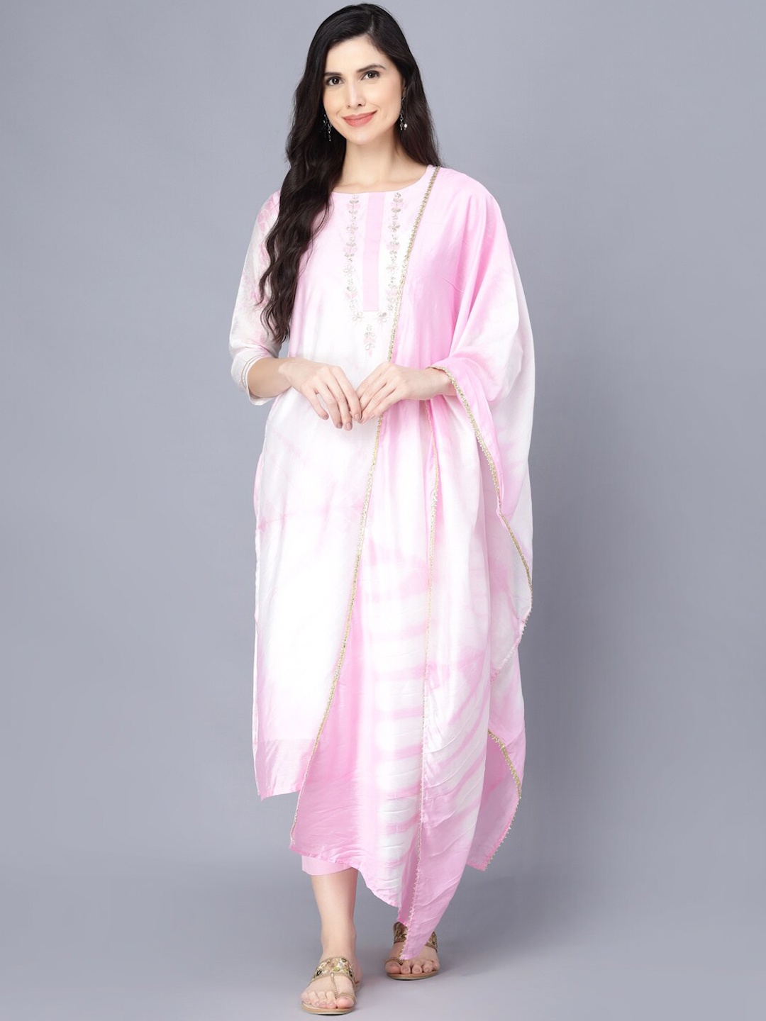 

Myshka Women Pink Floral Yoke Design Kurta with Trousers & With Dupatta