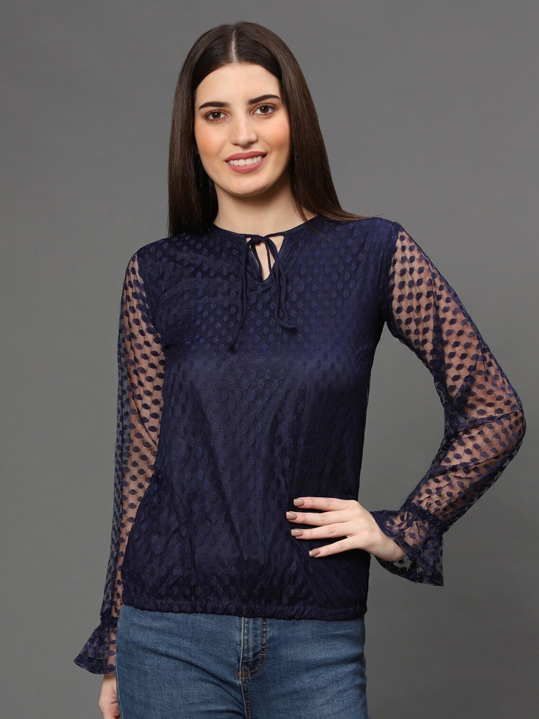 

WESTHOOD Blue Tie-Up Neck Net Blouson Top