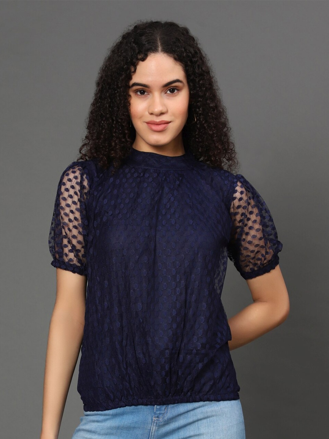 

WESTHOOD Women Blue High Neck Net Top