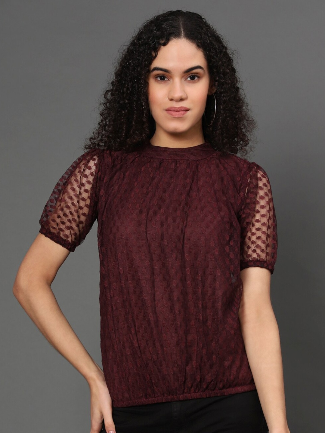 

WESTHOOD Women Burgundy Self Design Net Top