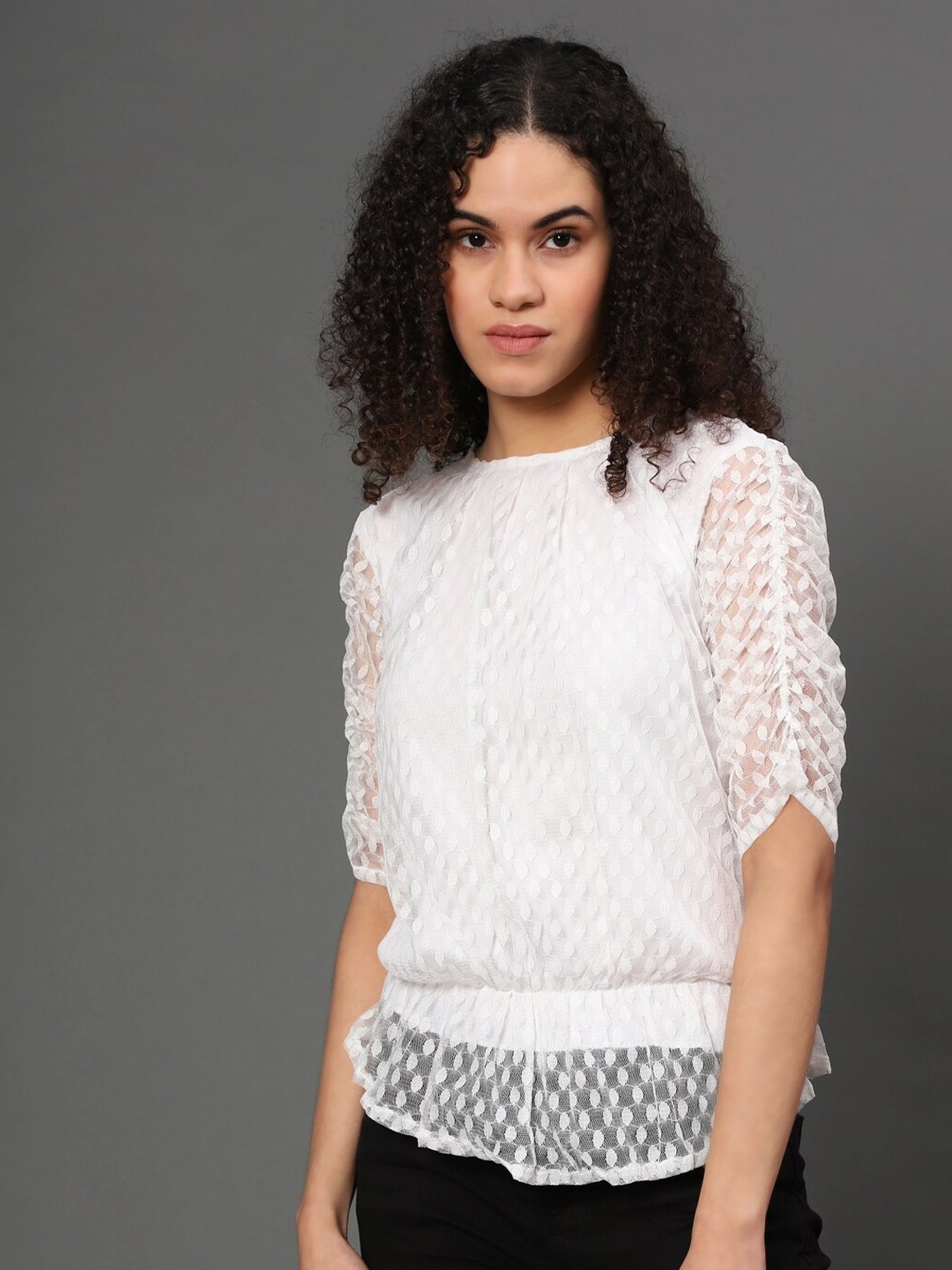 

WESTHOOD Women White Net Blouson Top