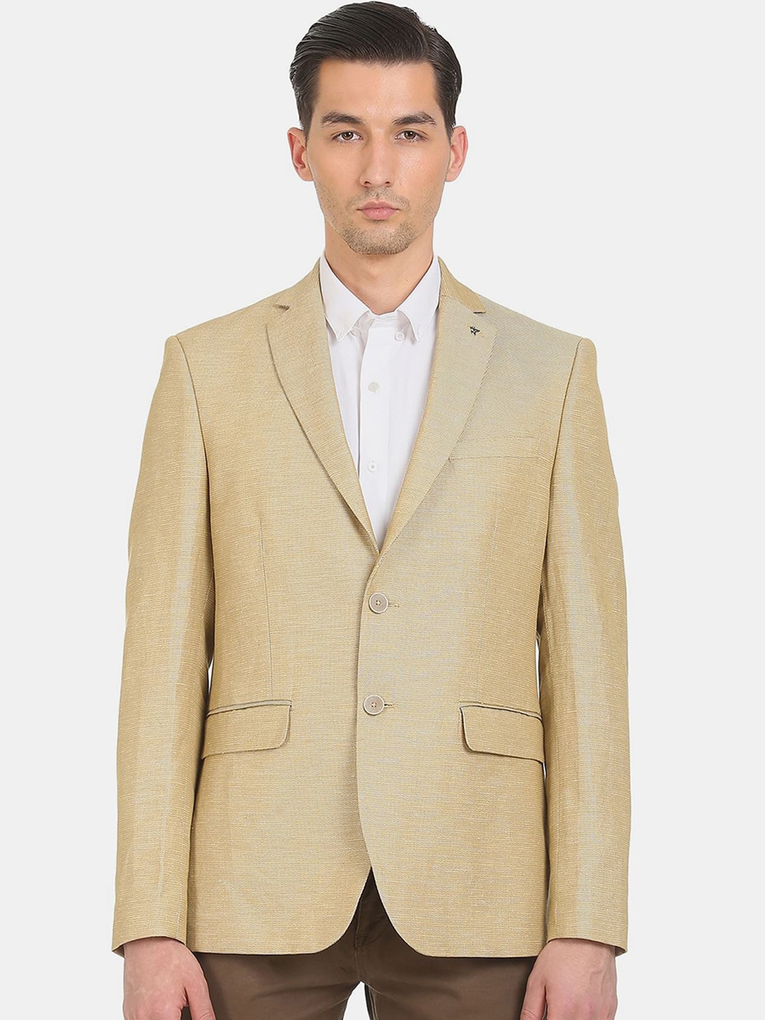 Arrow Men Kjaki-Coloured Solid Single-Breasted Casual Blazer, Khaki
