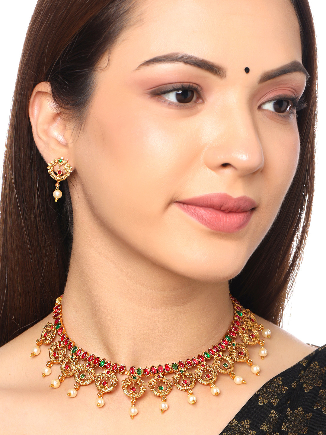 

Yellow Chimes Gold-Plated Gold-Toned Crystal Studded & Beaded Jewellery Set