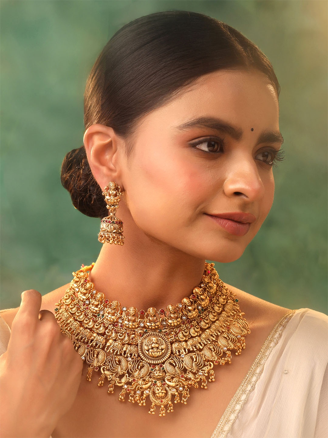 

Yellow Chimes Gold Plated Traditional Temple Beads Drop Bridal Choker Necklace Set