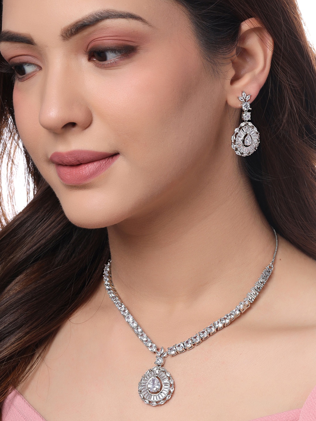 

Yellow Chimes Silver-Plated White AD Stone-Studded Jewellery Set