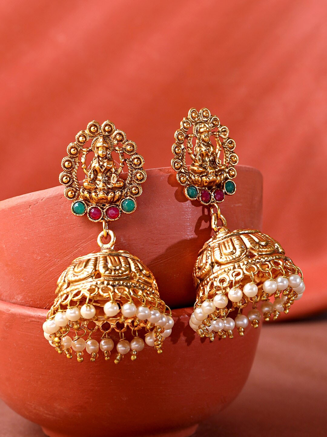 

Yellow Chimes Gold Plated Pearl Hanging Dome Designed Traditional Jhumka Earrings