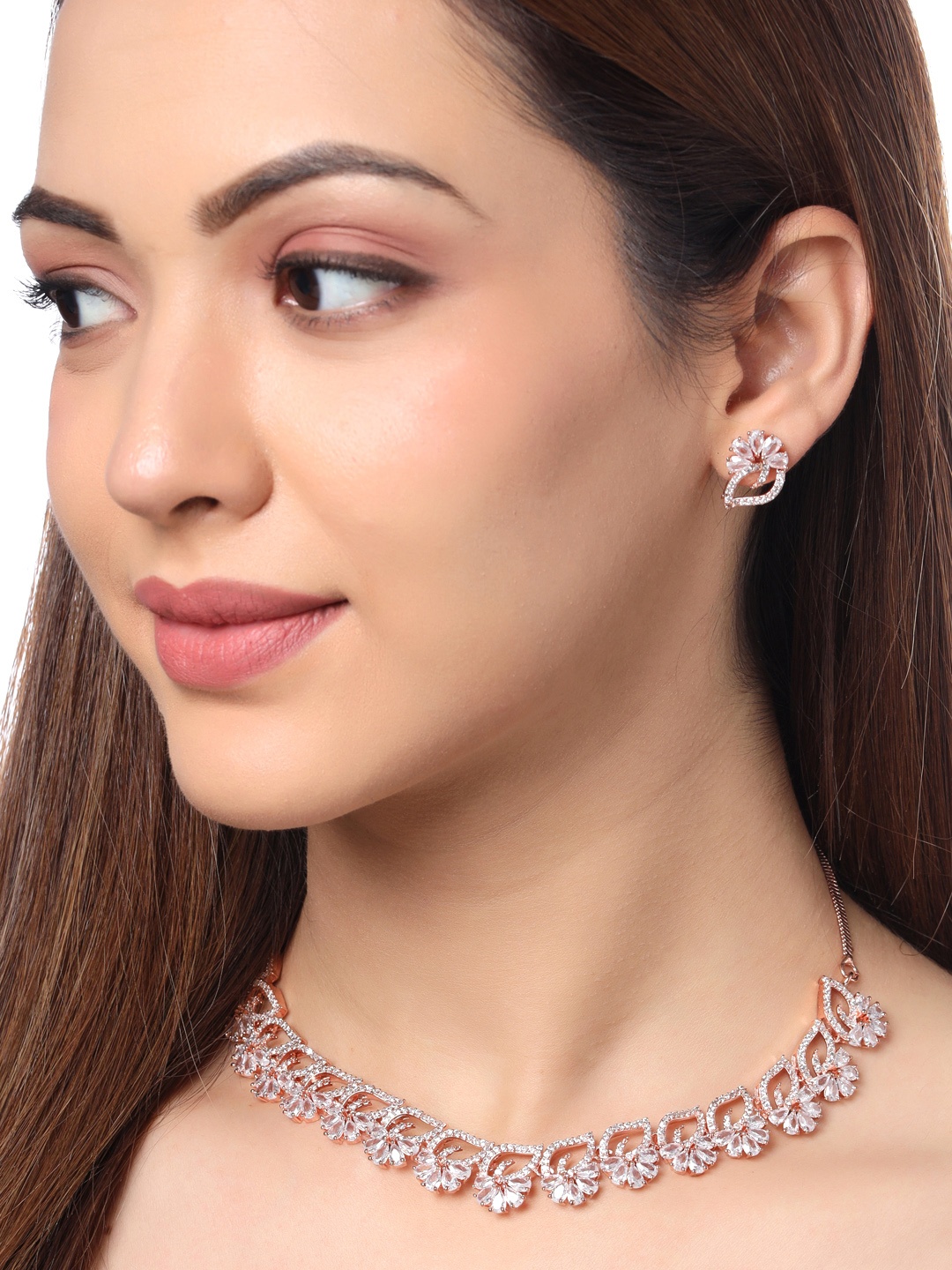 

Yellow Chimes Rose Gold-Plated American Diamond Studded Jewellery Set
