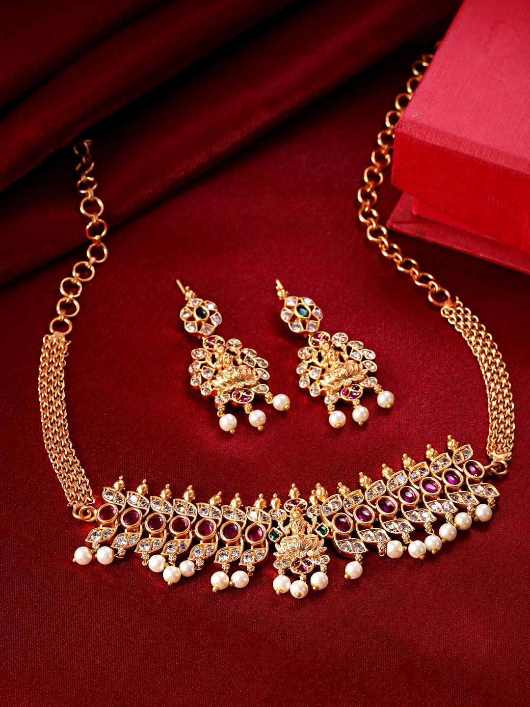 

Yellow Chimes Women Gold-Toned Pearl Hanging Traditional Temple Choker Jewellery Set