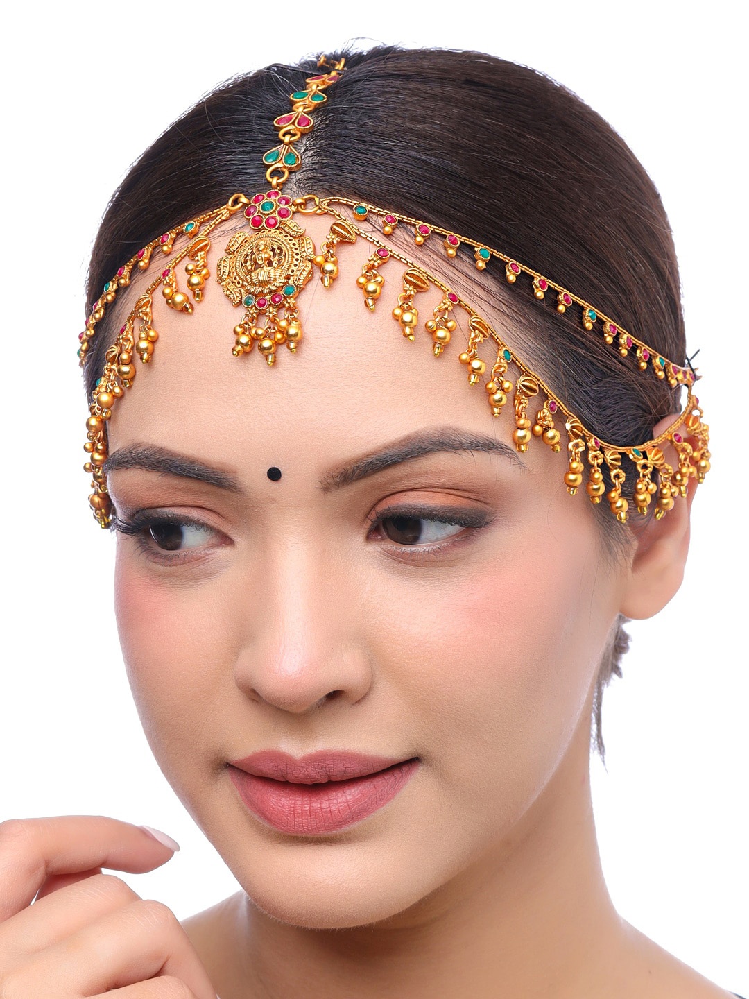 

Yellow Chimes Gold-Plated Pink & Green Stone Studded Ghungroo Beaded Mathapatti