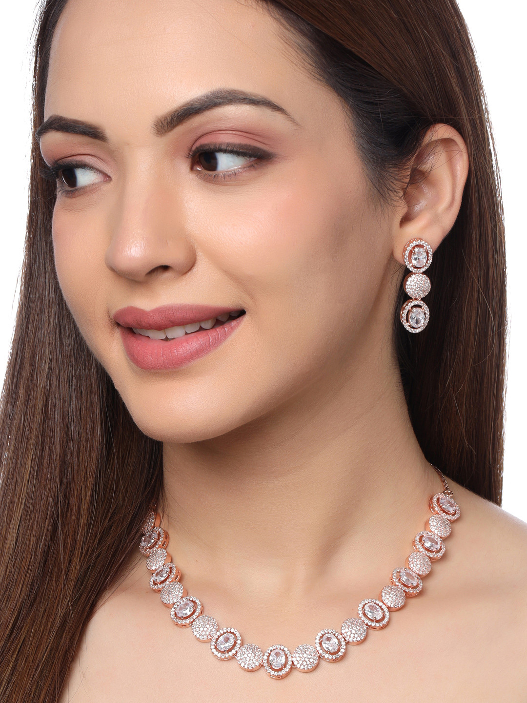 

Yellow Chimes Rose Gold-Colored White AD-Studded Jewellery Set