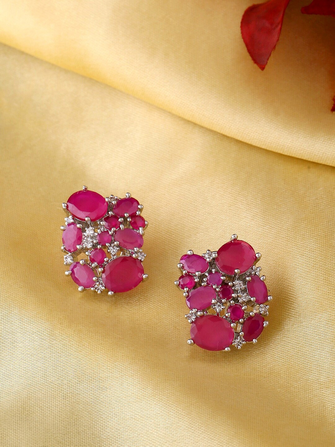 

Yellow Chimes Women Pink Silver Toned Oval Crystal Studded Clip On Elegant Stud Earrings