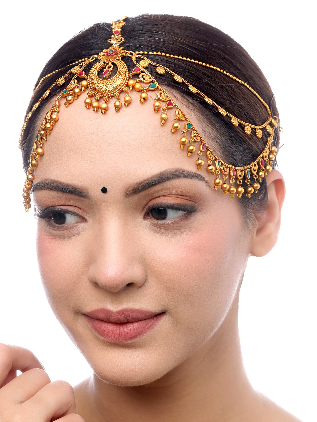 Yellow Chimes Gold-Plated Red & Green Stone-Studded Layered Bridal Maatha Patti