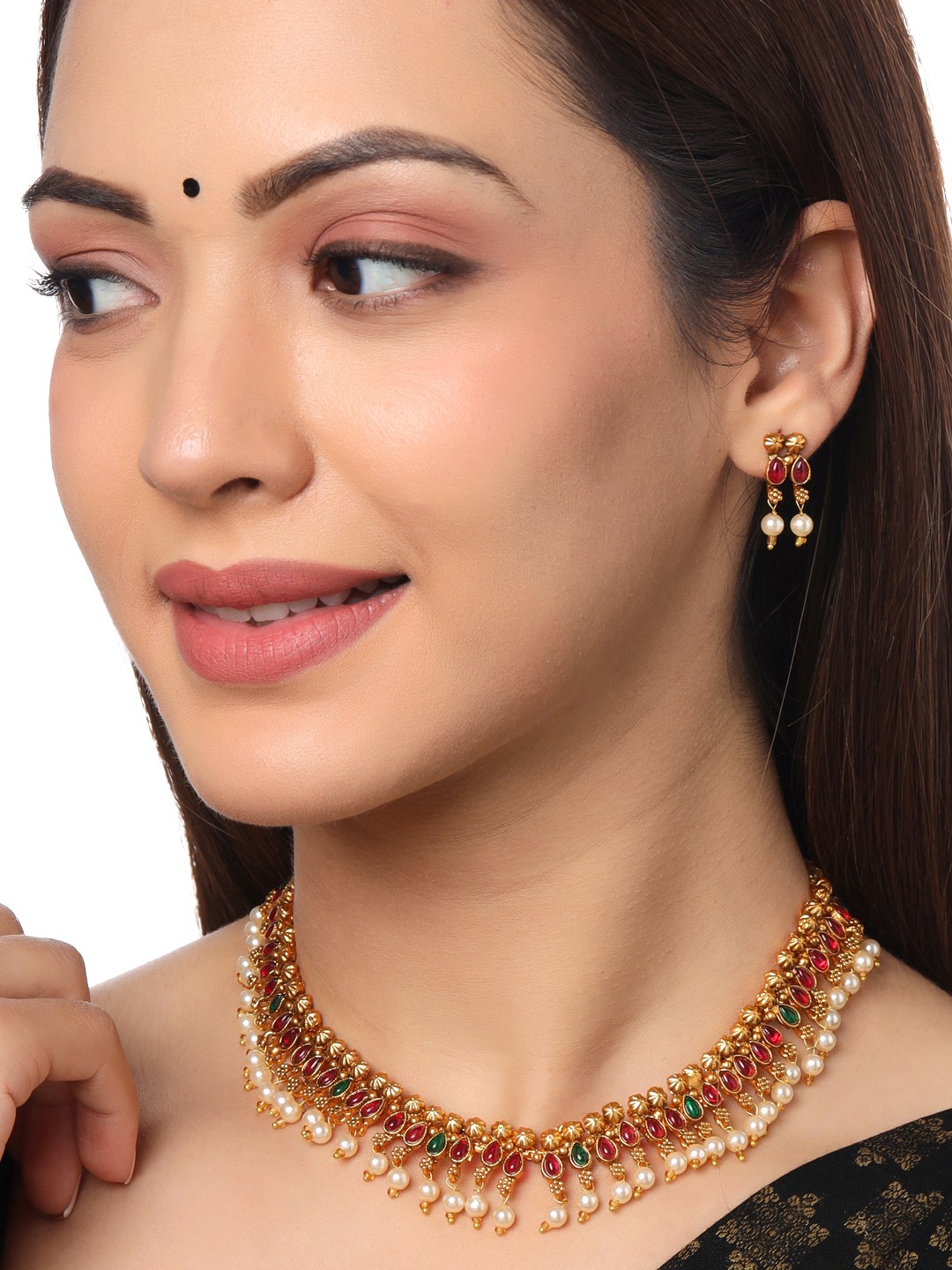 

Yellow Chimes Gold-Plated Red Stone-Studded Jewellery Set