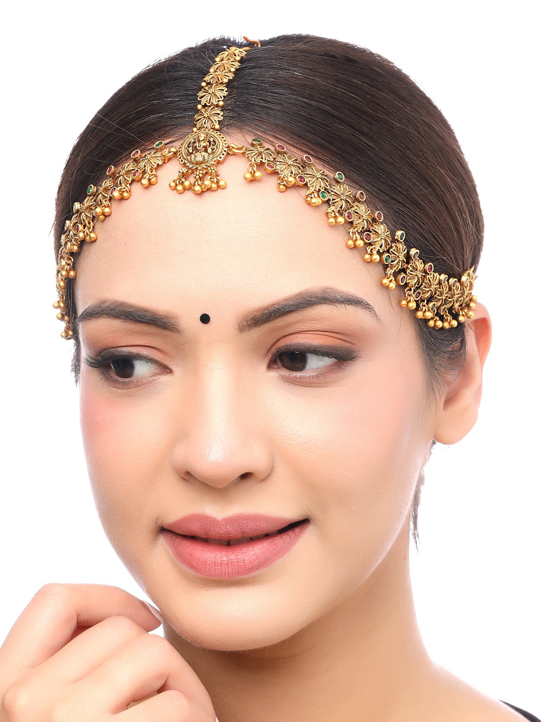 

Yellow Chimes Gold Toned Multicolored Multi layered Beaded Traditional Mathapatti