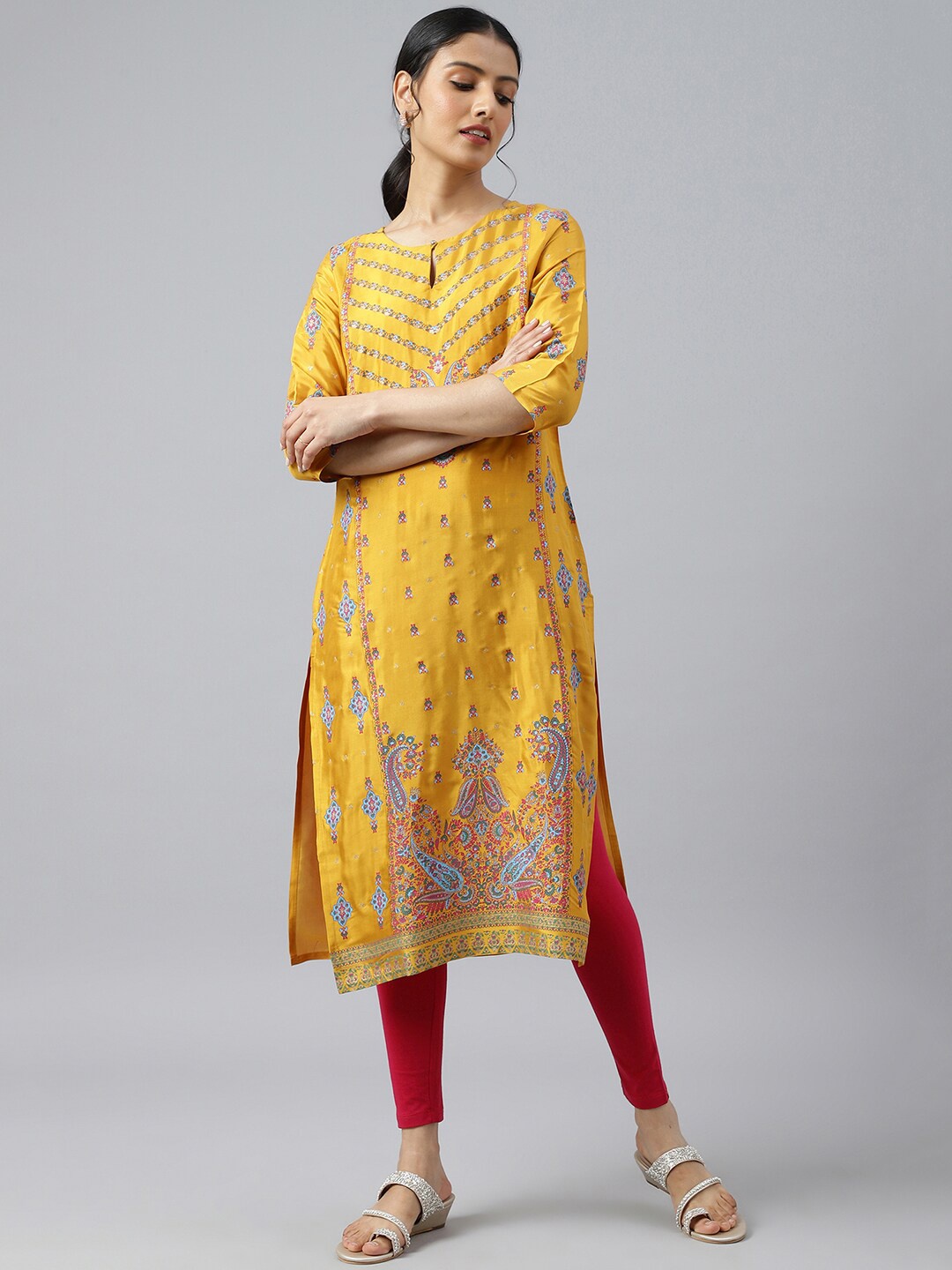 

W Women Yellow Ethnic Motifs Printed Keyhole Neck Kurta