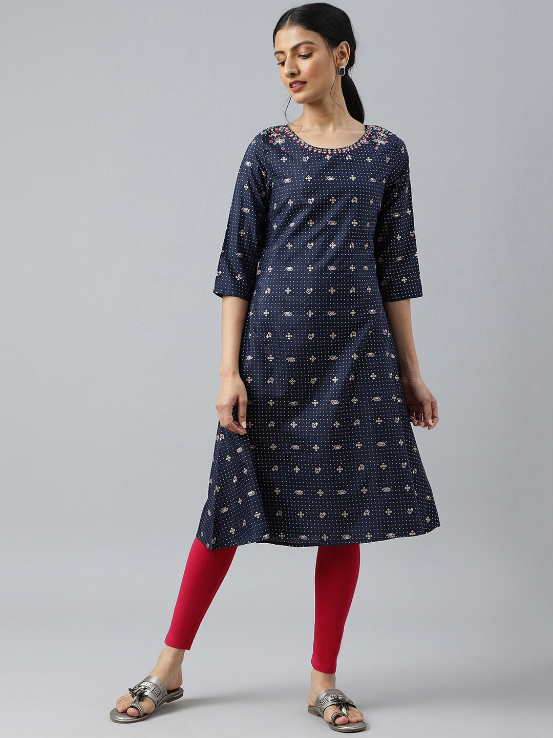 

W Women Blue Geometric Printed Kurta