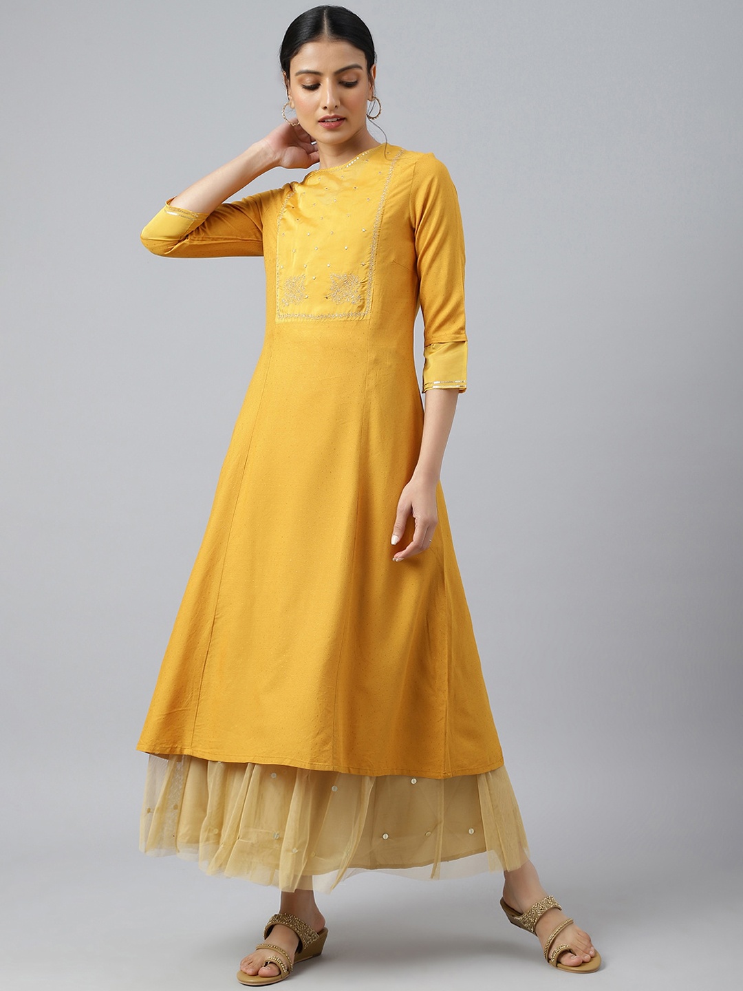 

W Women Dark Yellow A-line Embroidered Kurta with Sequins