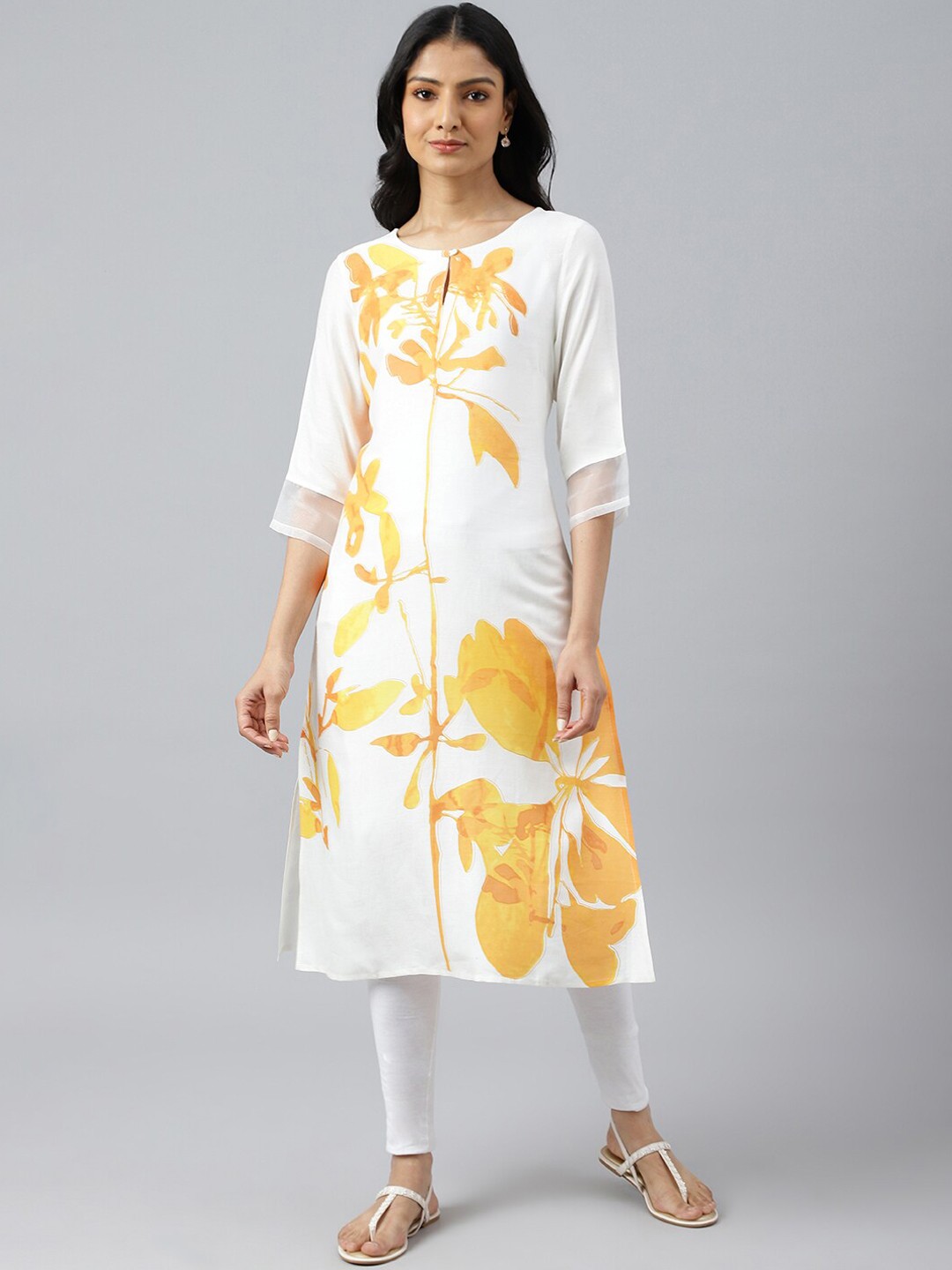 

W Women White Floral Printed Keyhole Neck Thread Work Handloom Kurta