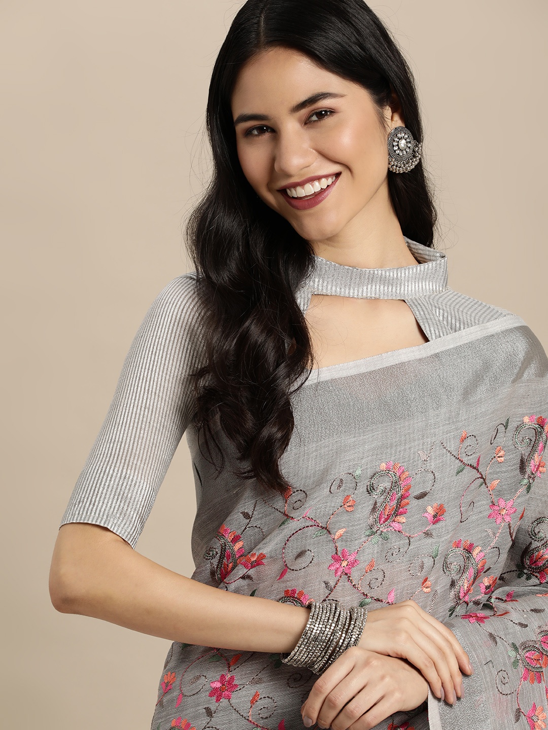 

SANGAM PRINTS Grey Floral Woven Design Linen Blend Saree