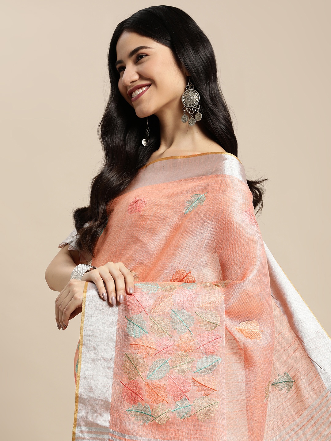 

SANGAM PRINTS Peach-Coloured & Blue Leaf Woven Design Saree