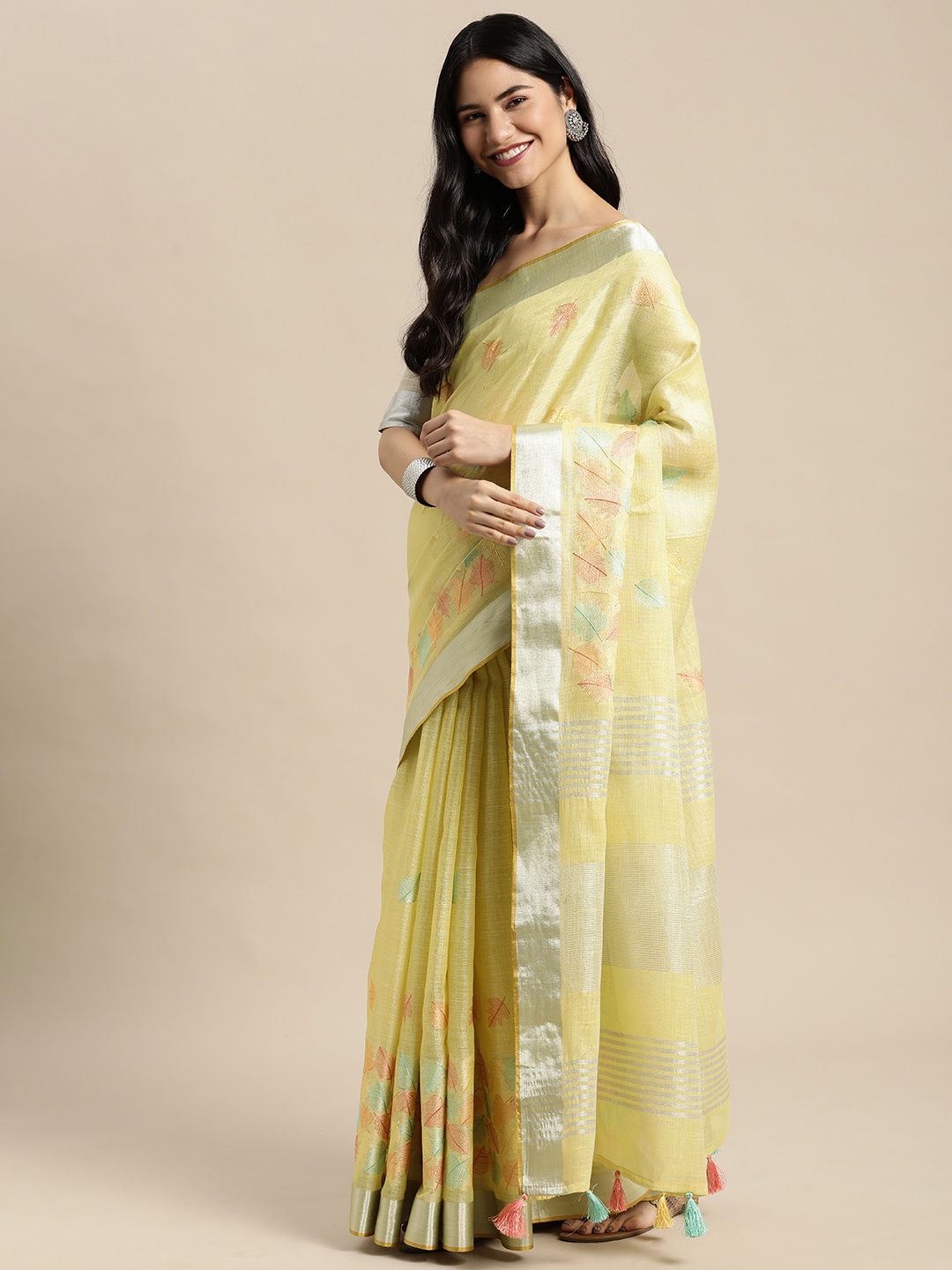 

SANGAM PRINTS Yellow Leaf Woven Design Saree