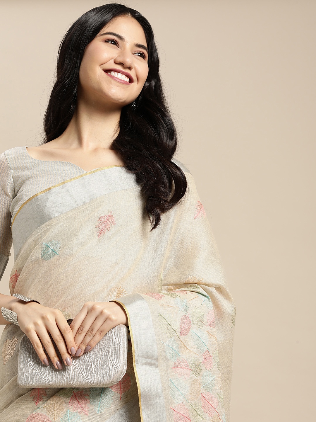 

SANGAM PRINTS Beige Leaf Woven Design Saree