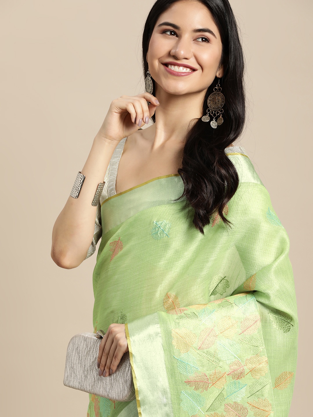 

SANGAM PRINTS Lime Green & Pink Leaf Woven Design Saree