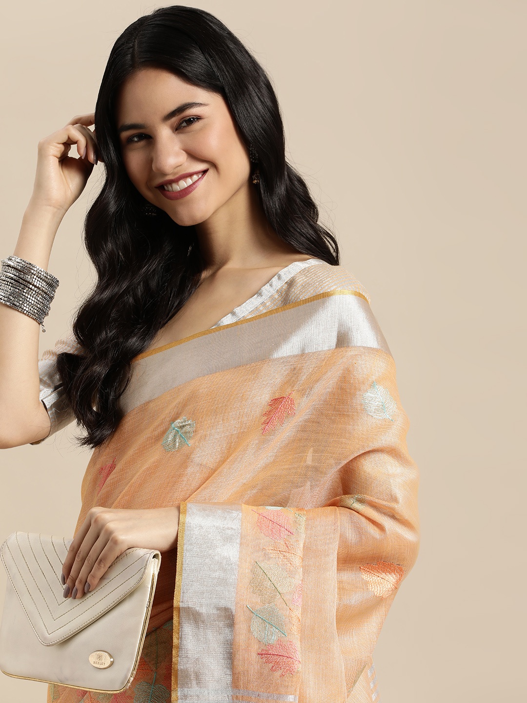SANGAM PRINTS Coral Orange Leaf Woven Design Saree