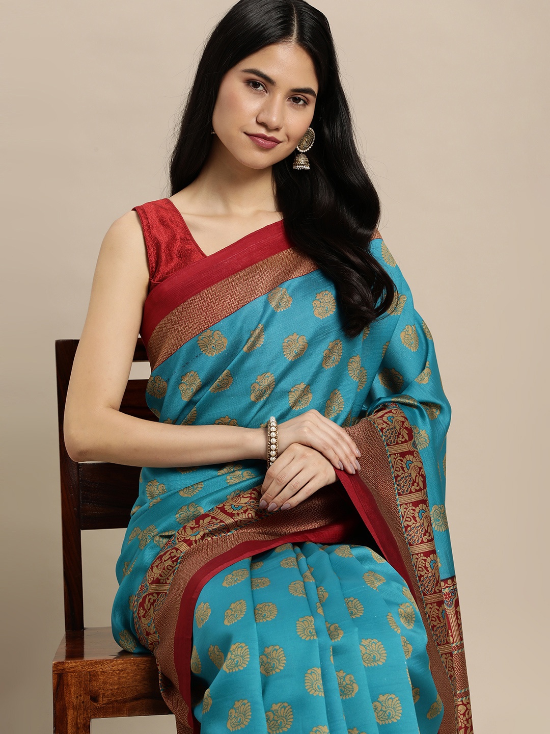 

SANGAM PRINTS Blue & Maroon Ethnic Motif Print Art Silk Saree